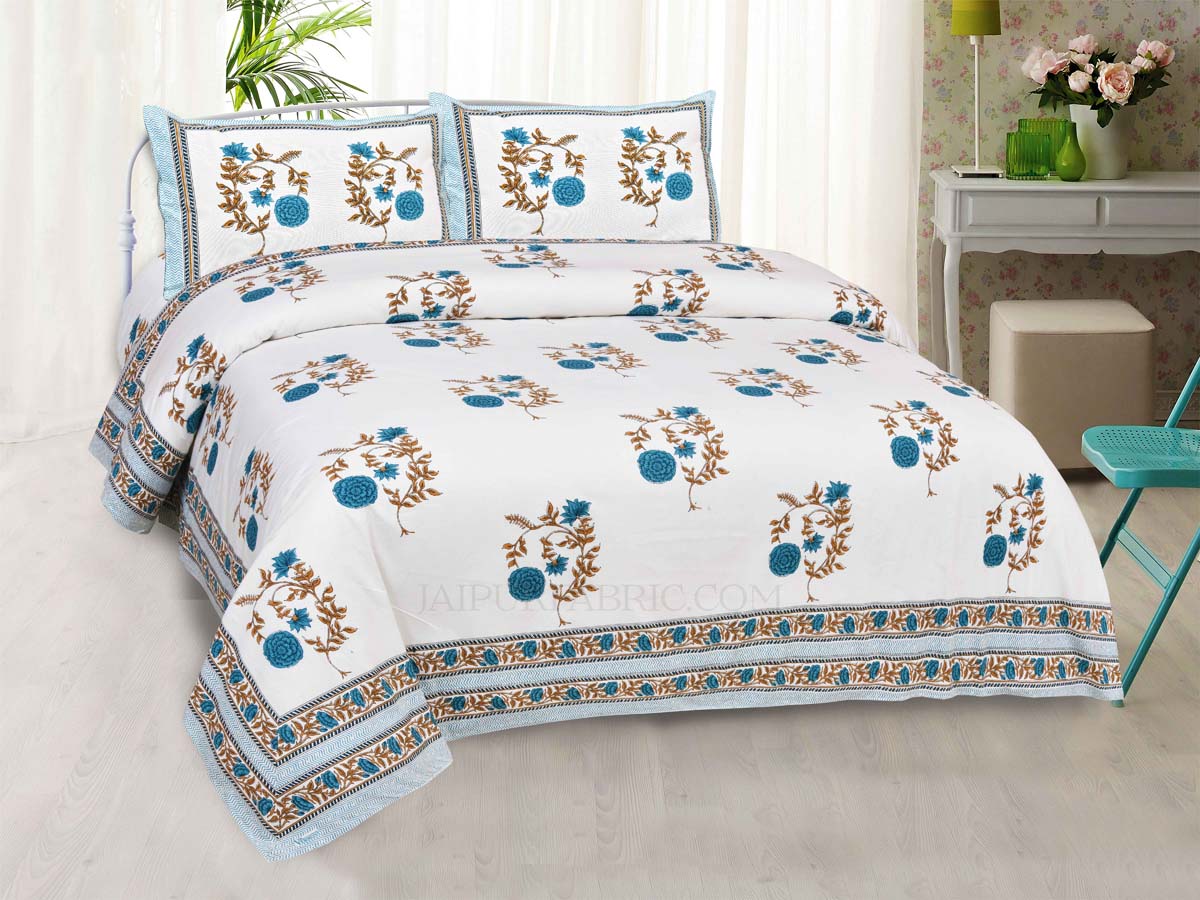 Arctic Blue Cherry blossom Super Fine Cotton Block Print King Size Bedsheet