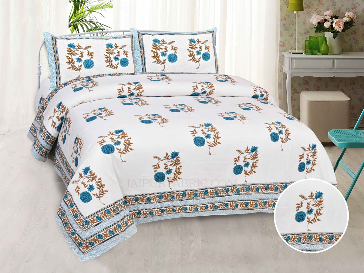 Arctic Blue Cherry blossom Super Fine Cotton Block Print King Size Bedsheet