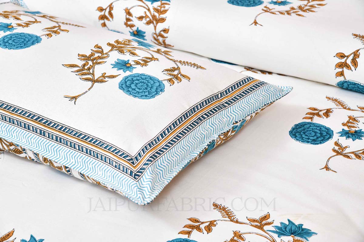 Arctic Blue Cherry blossom Super Fine Cotton Block Print King Size Bedsheet