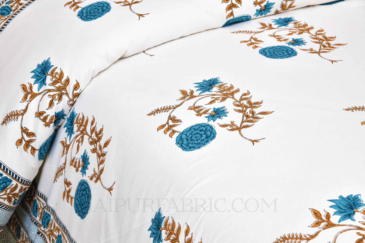 Arctic Blue Cherry blossom Super Fine Cotton Block Print King Size Bedsheet