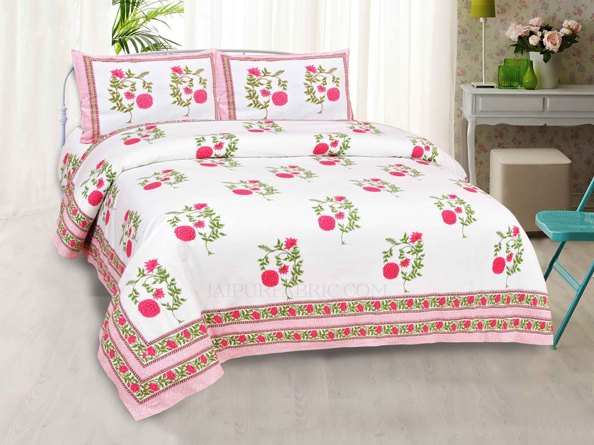 Rani Pink Cherry blossom Super Fine Cotton Block Print King Size Bedsheet