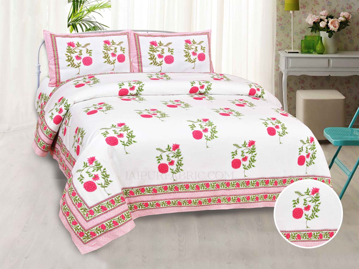 Rani Pink Cherry blossom Super Fine Cotton Block Print King Size Bedsheet