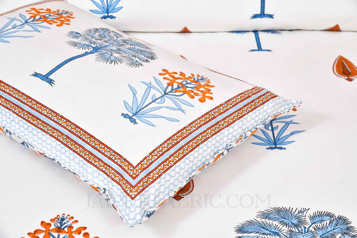 Blue Palm Tree  Super Fine Cotton Block Print King Size Bedsheet