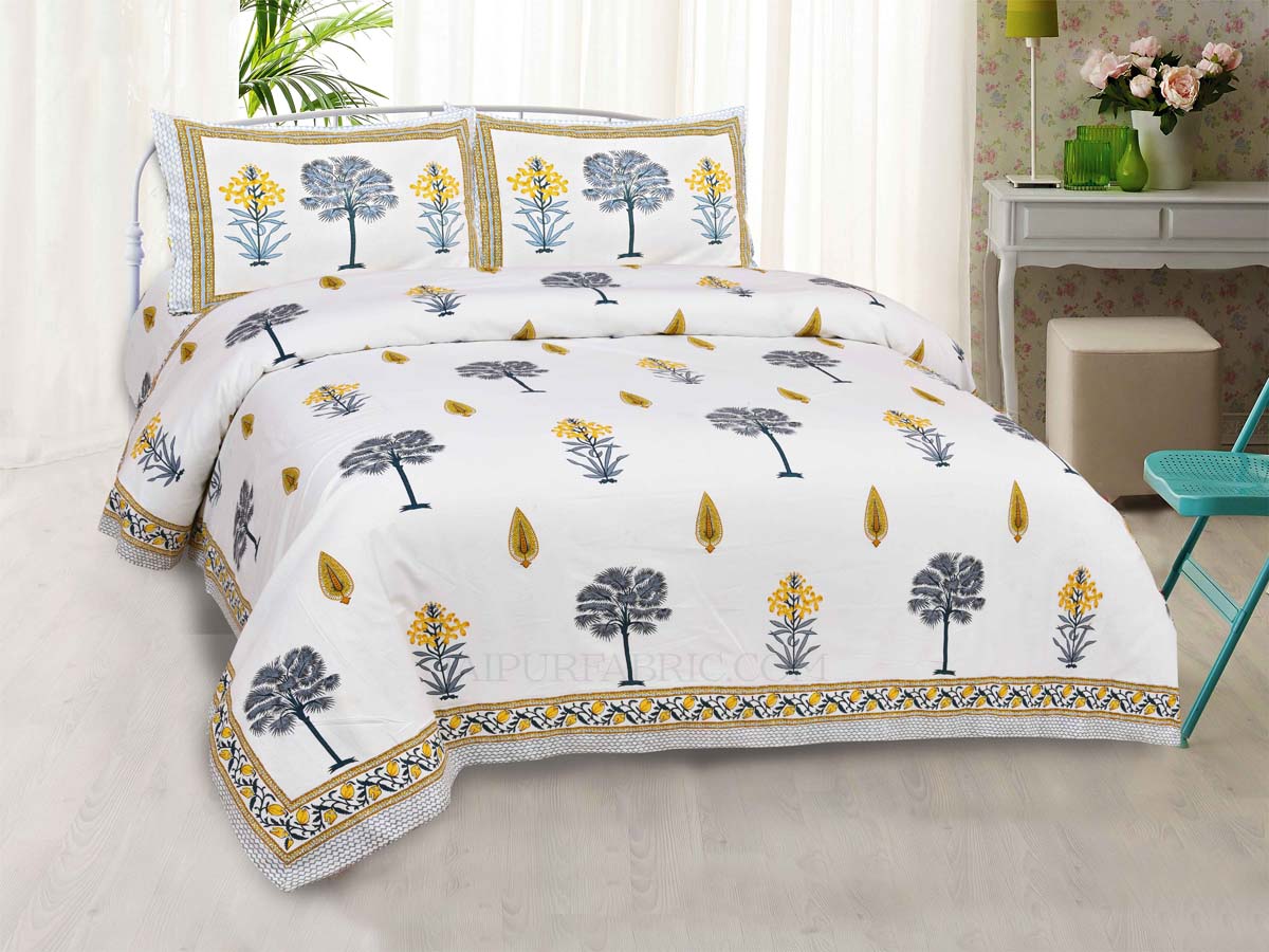 Golden Palm Tree Super Fine Cotton Block Print King Size Bedsheet