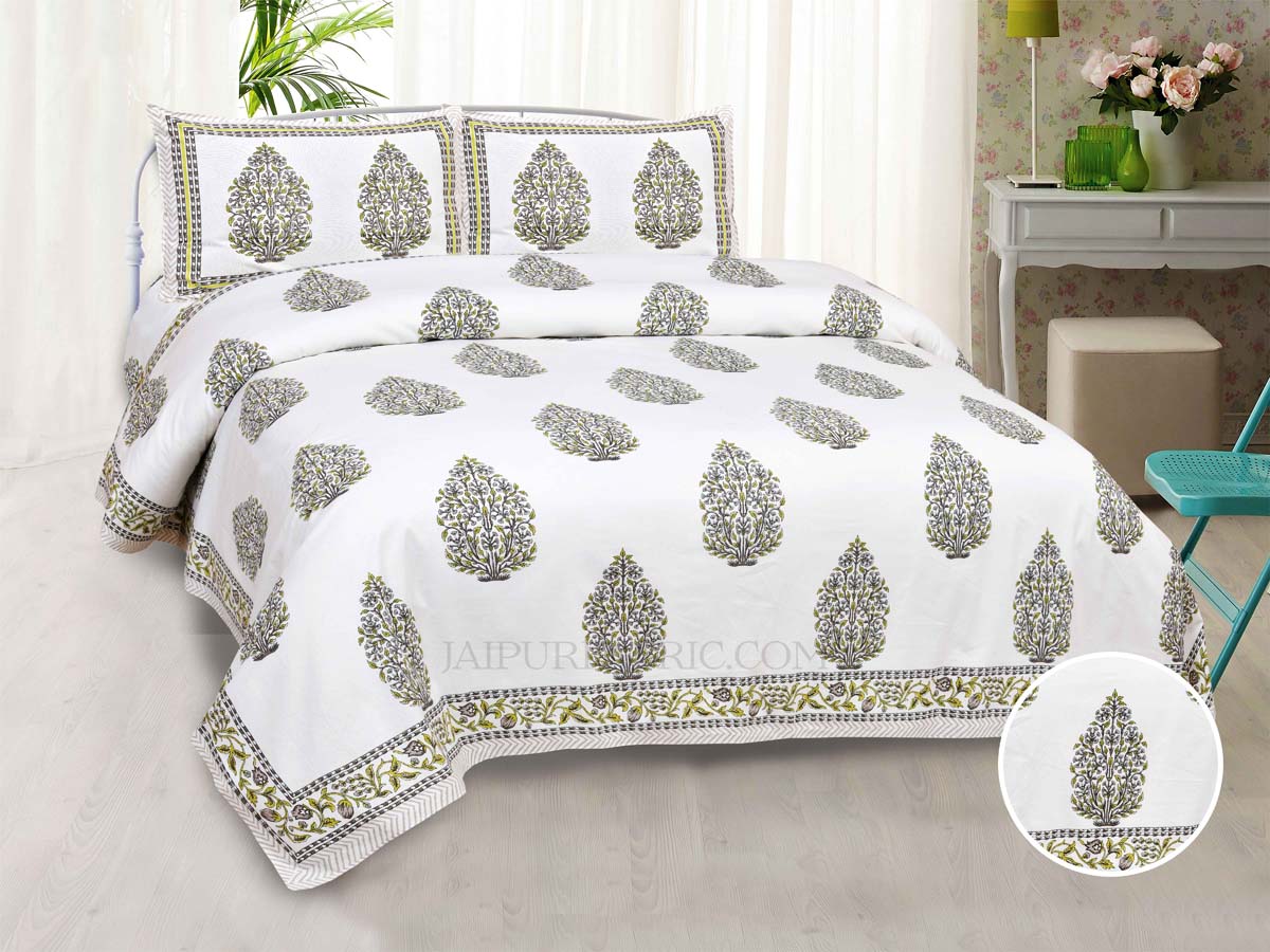 Green Mughal Jaal Super Fine Cotton Floral Block Print King Size Bedsheet