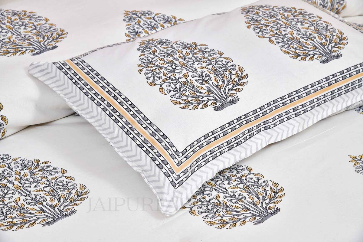 Grey Mughal Jaal Super Fine Cotton Floral Block Print King Size Bedsheet