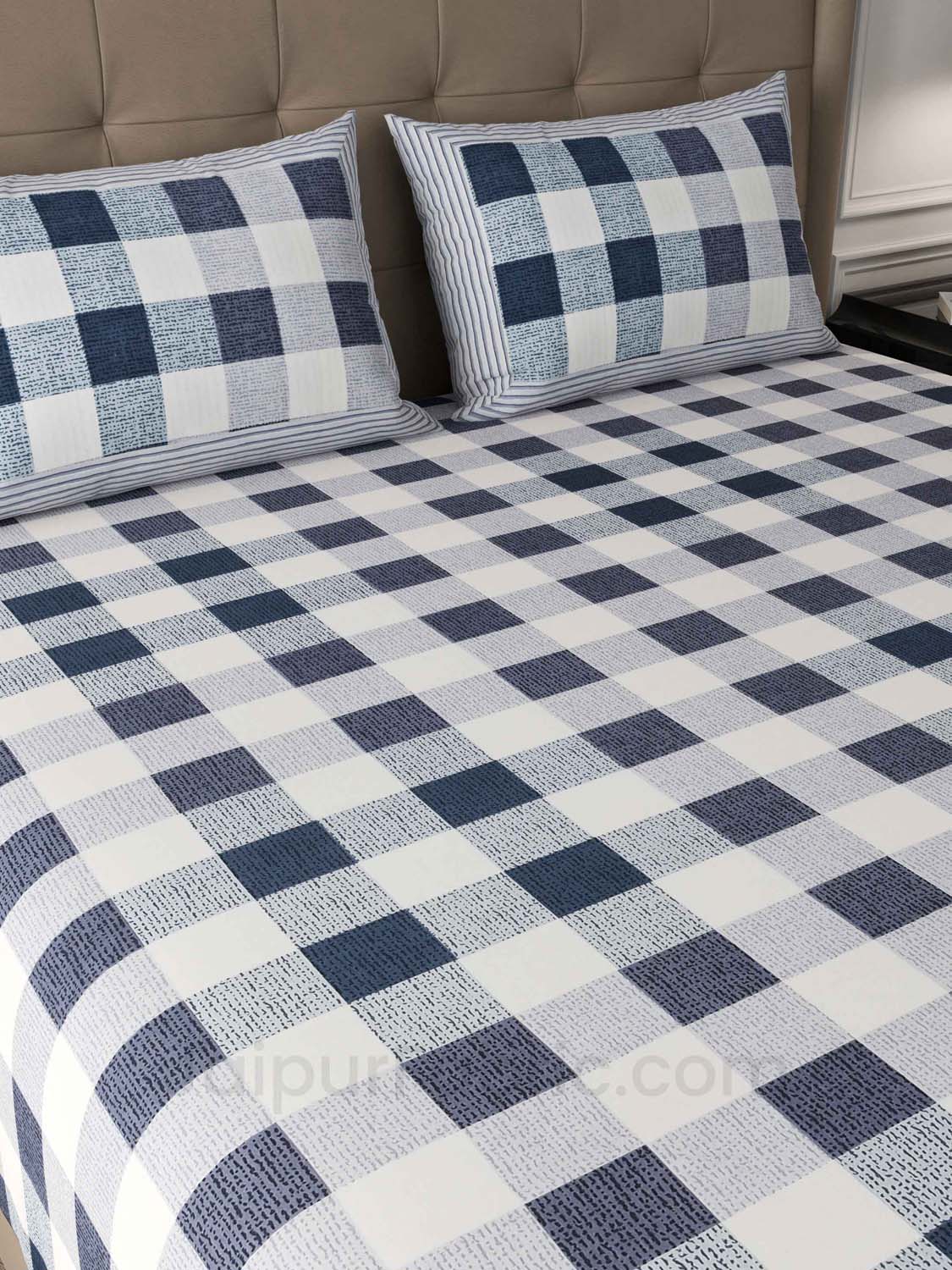 Checkered Grey Cotton King Size King Size Double Bedsheet