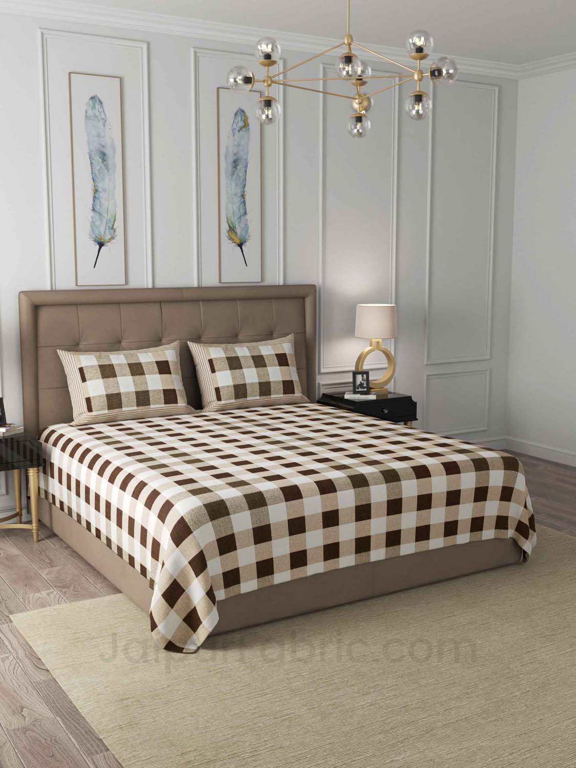 Checkered Brown Cotton King Size Double Bedsheet