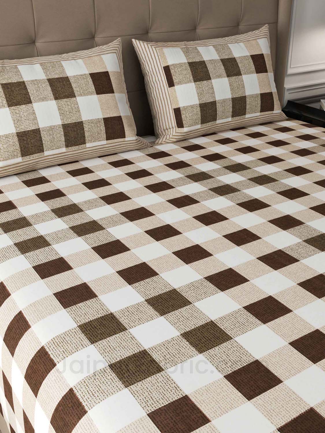 Checkered Brown Cotton King Size Double Bedsheet