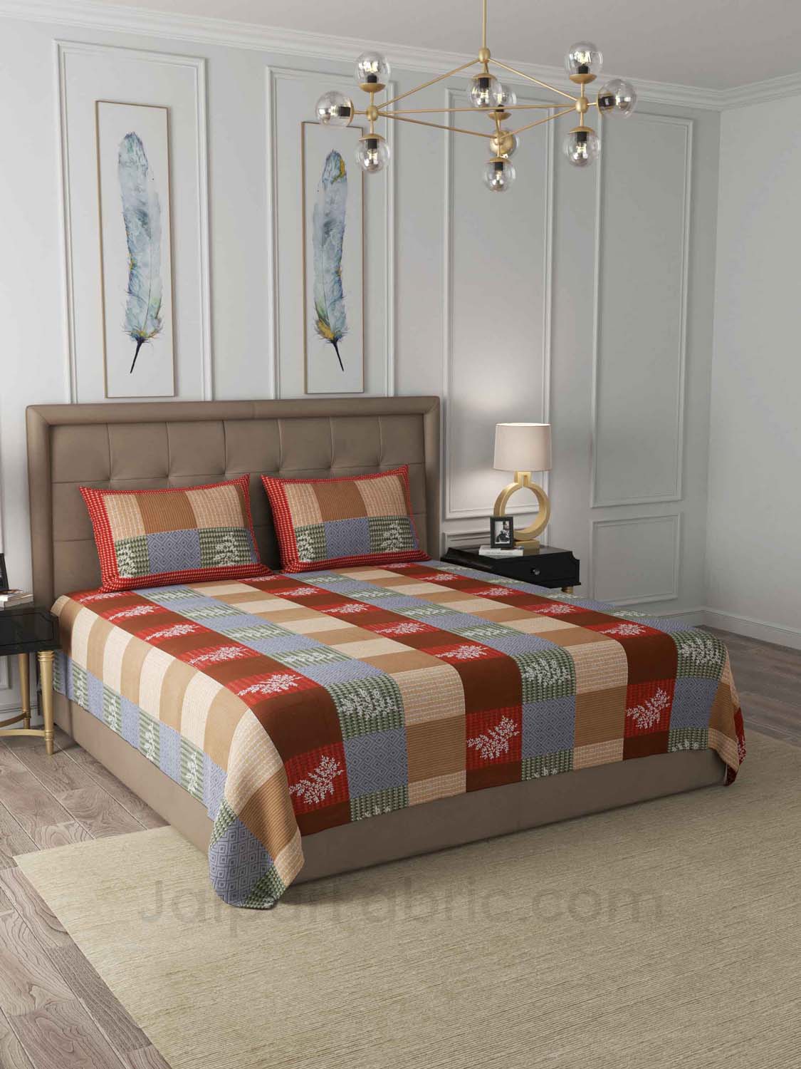 Square Red Brown Floral Cotton King Size Double Bedsheet