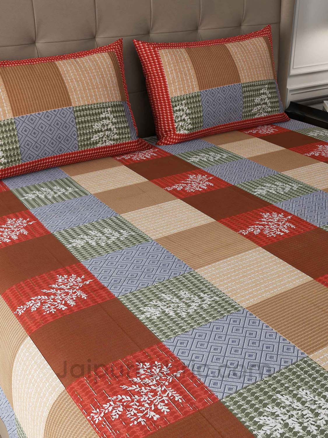 Square Red Brown Floral Cotton King Size Double Bedsheet