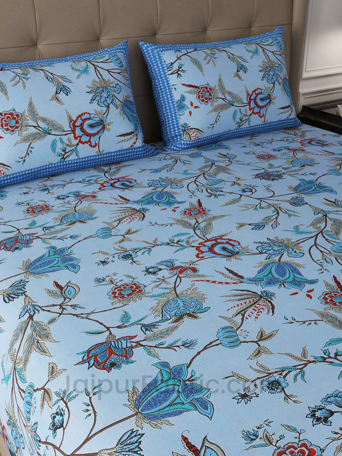 Blue Floral Cotton King Size Double Bedsheet