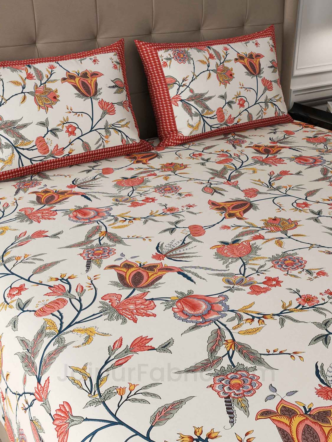 Red Floral Cotton King Size Double Bedsheet