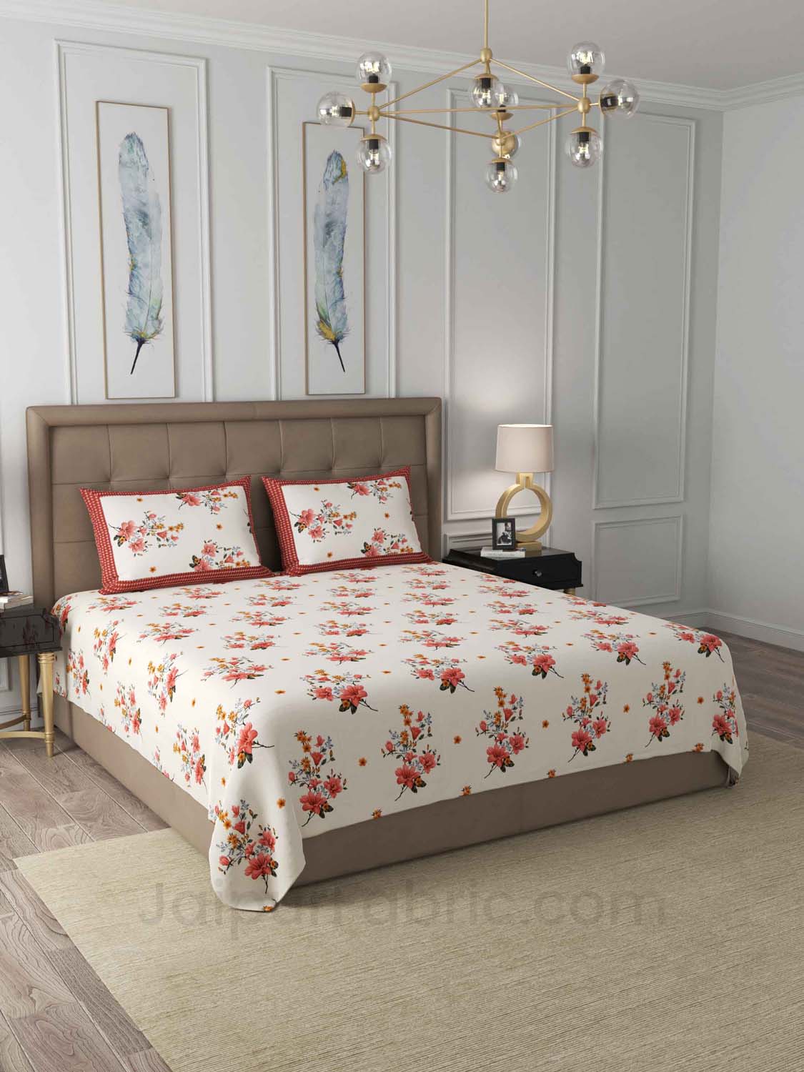 Red Flowers Cotton King Size Double Bedsheet