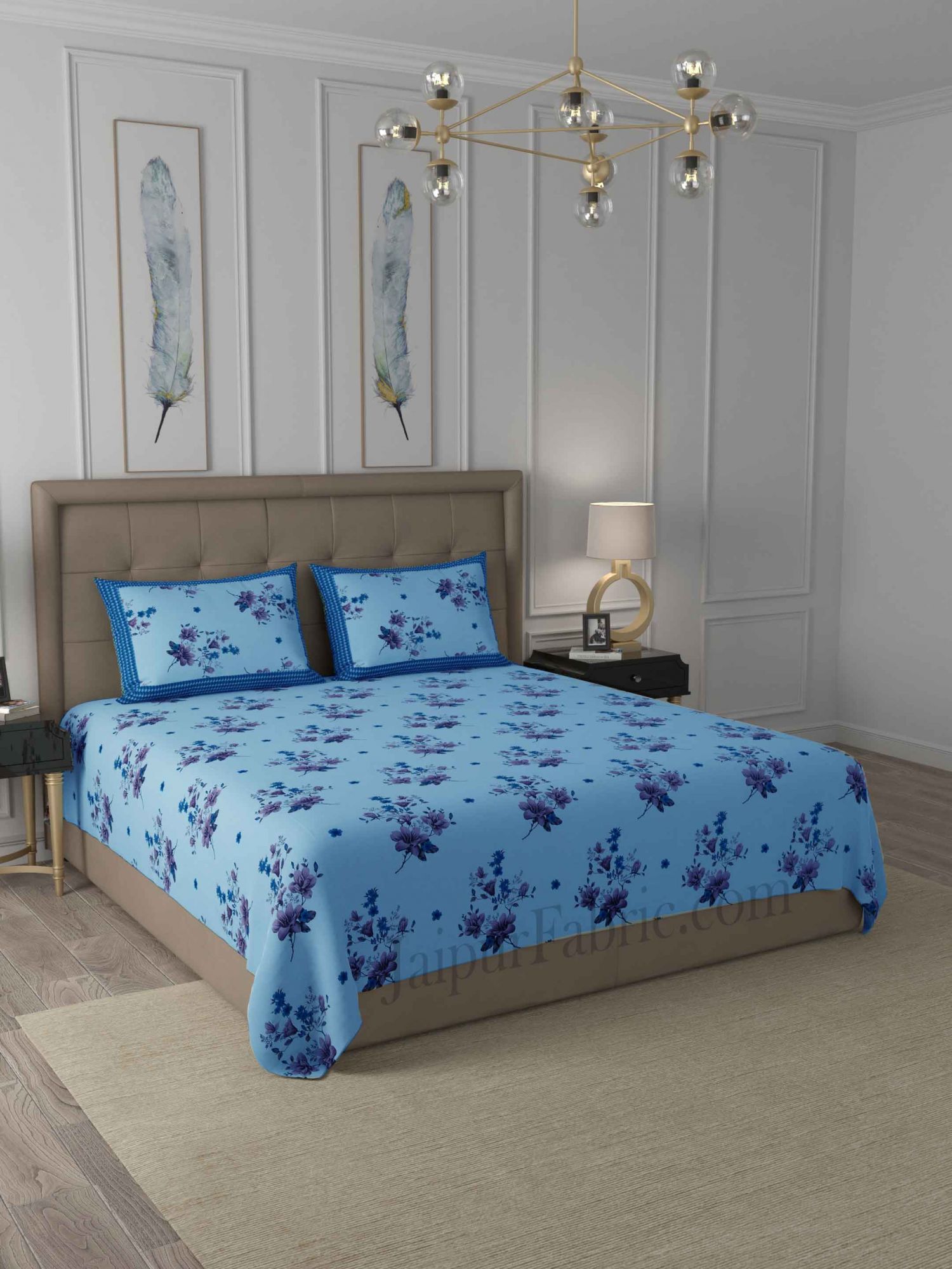 Blue Flowers Cotton King Size Double Bedsheet