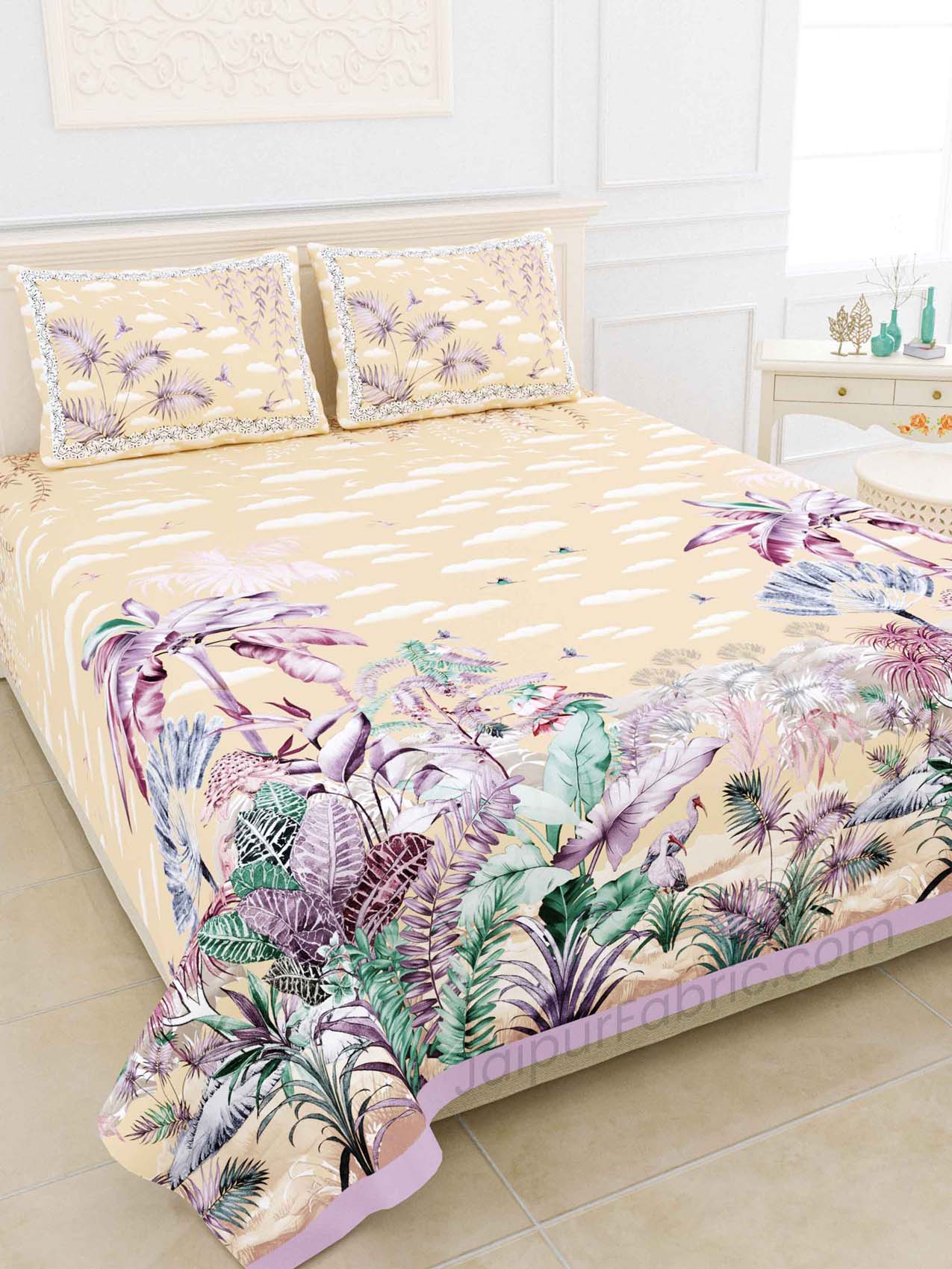 Cyperus Cream Digital Print Luxury Cotton King Size Bedsheet