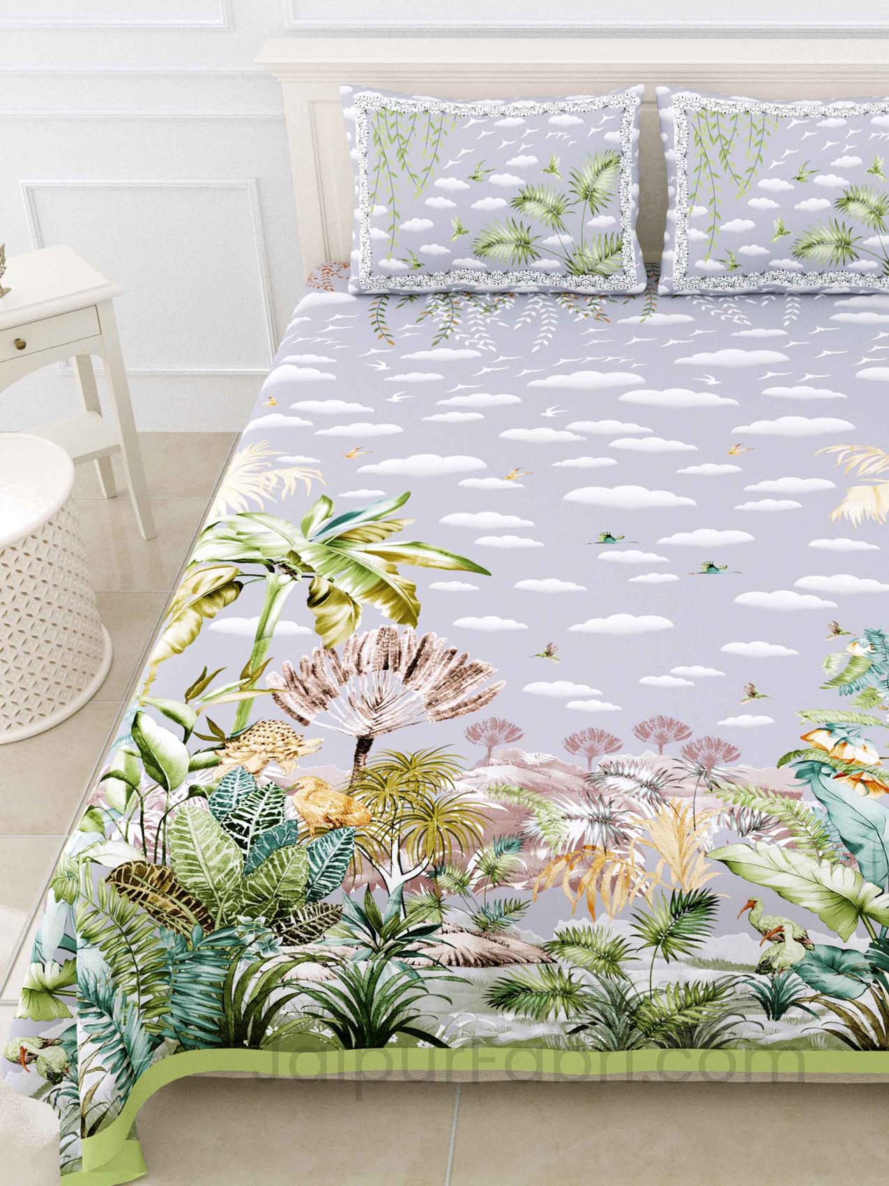 Cyperus Green Digital Print Luxury Cotton King Size Bedsheet