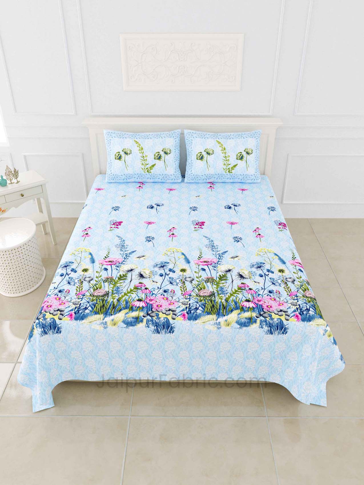 Flora Aquatic Digital Print Luxury Cotton King Size Bedsheet