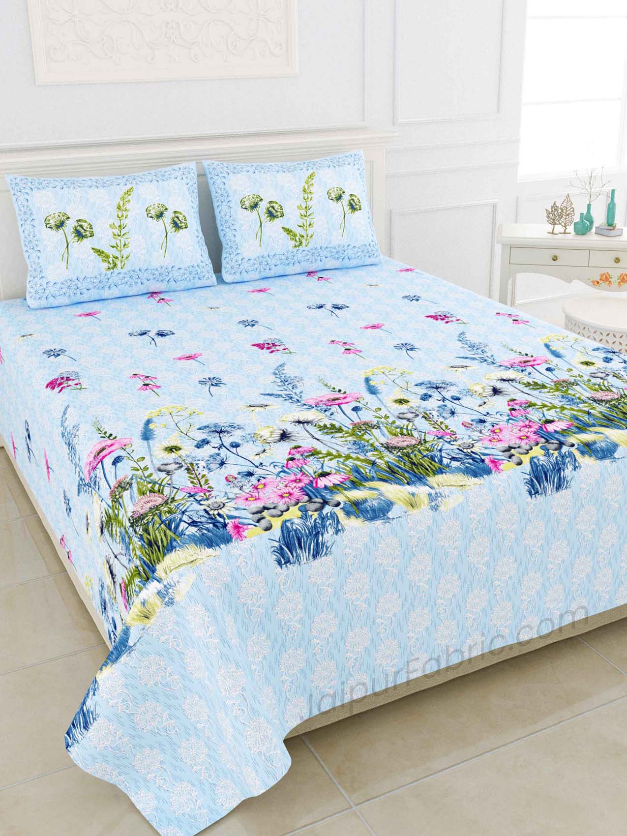 Flora Aquatic Digital Print Luxury Cotton King Size Bedsheet