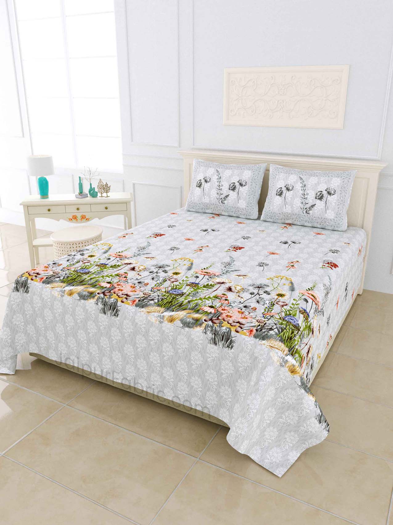 Flora Mist Digital Print Luxury Cotton King Size Bedsheet