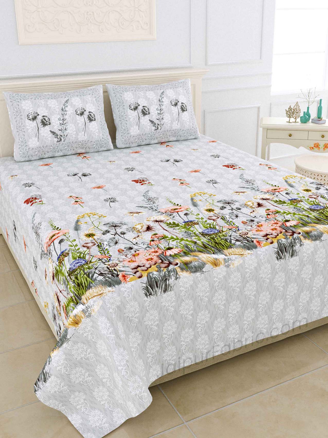 Flora Mist Digital Print Luxury Cotton King Size Bedsheet