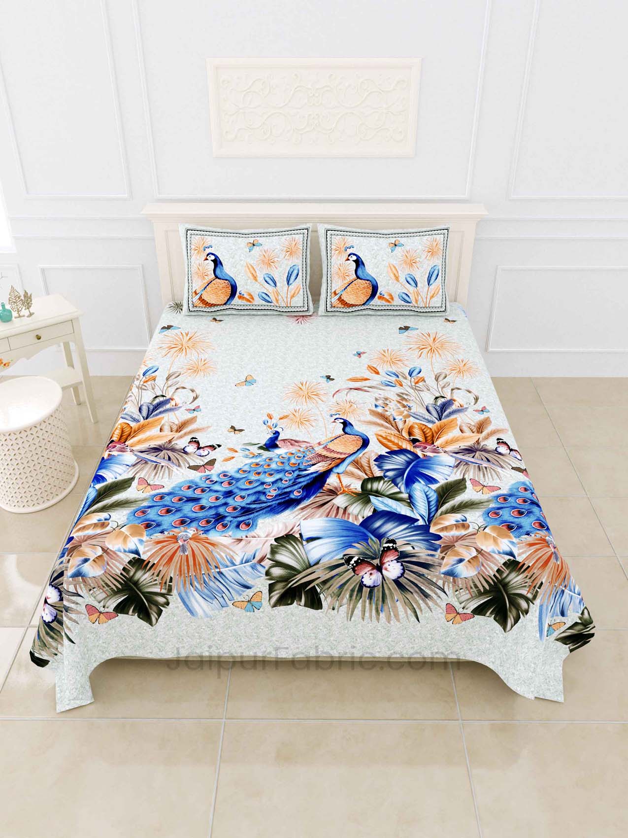 Peacock Blue Digital Print Luxury Cotton King Size Bedsheet