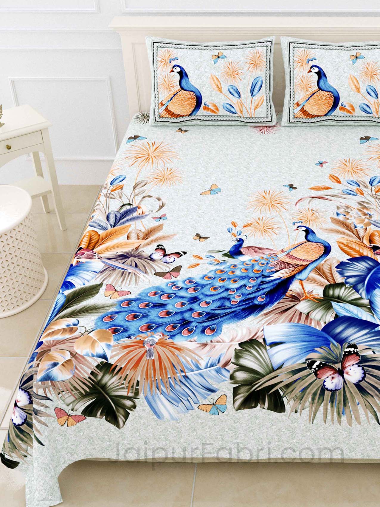 Peacock Blue Digital Print Luxury Cotton King Size Bedsheet