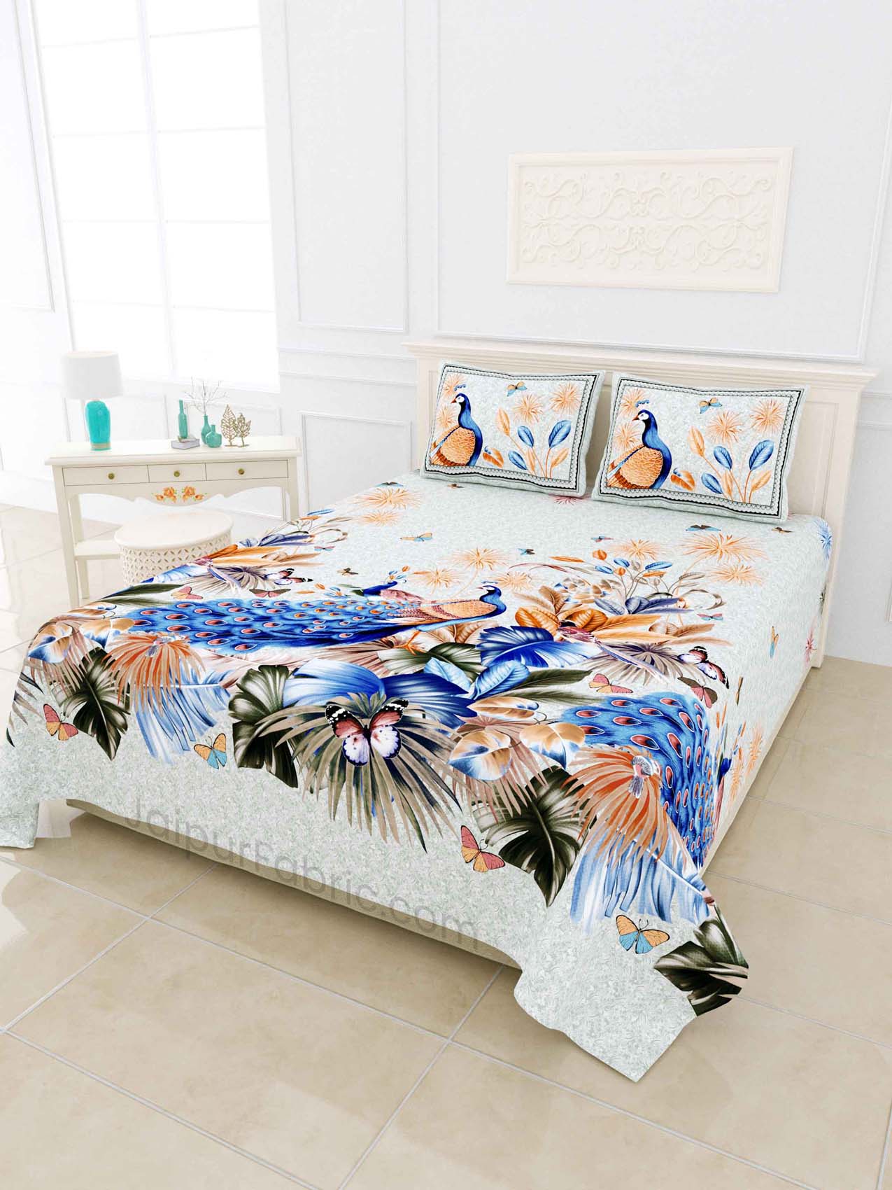 Peacock Blue Digital Print Luxury Cotton King Size Bedsheet