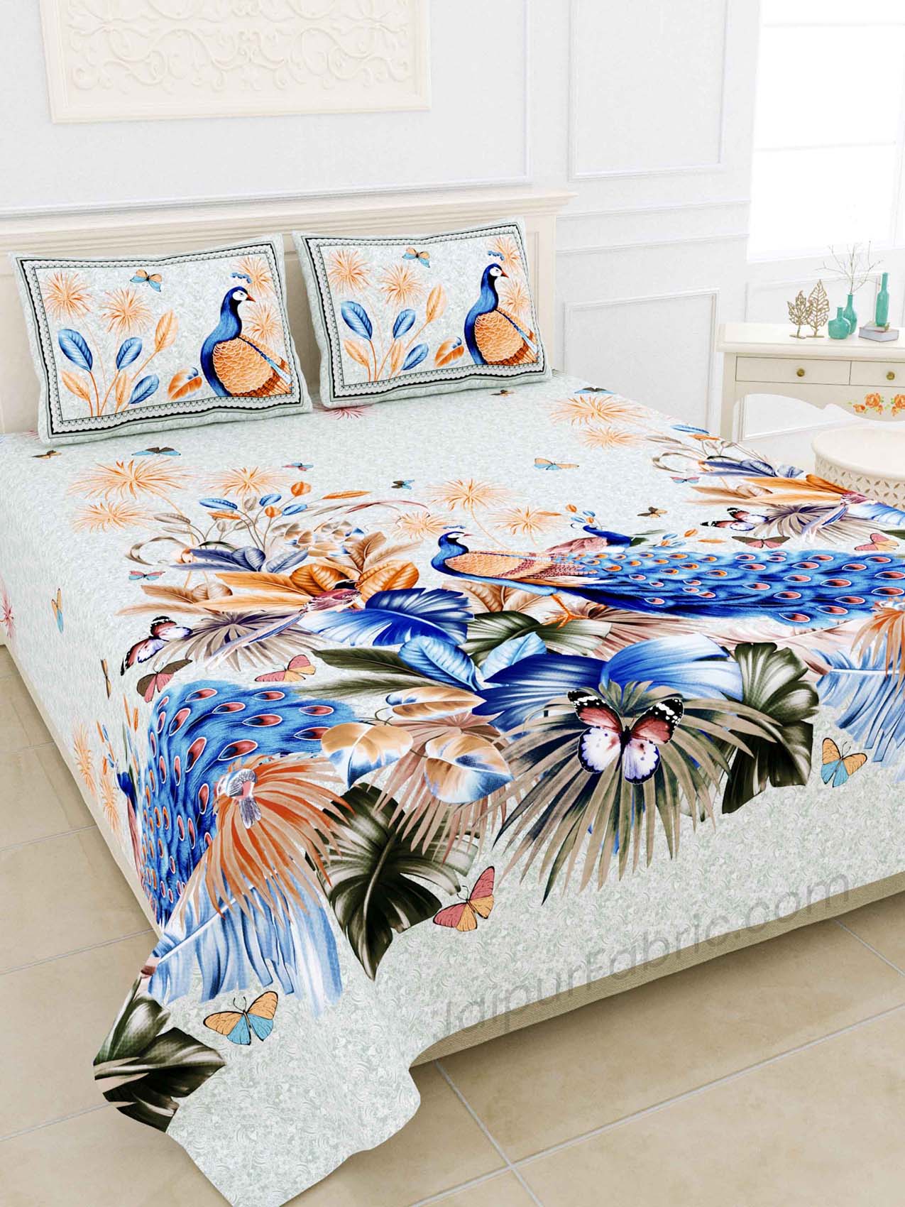 Peacock Blue Digital Print Luxury Cotton King Size Bedsheet