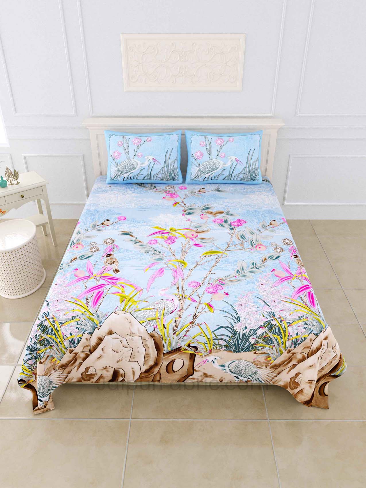 Deep Sea Blue Pink Digital Print Luxury Cotton King Size Bedsheet