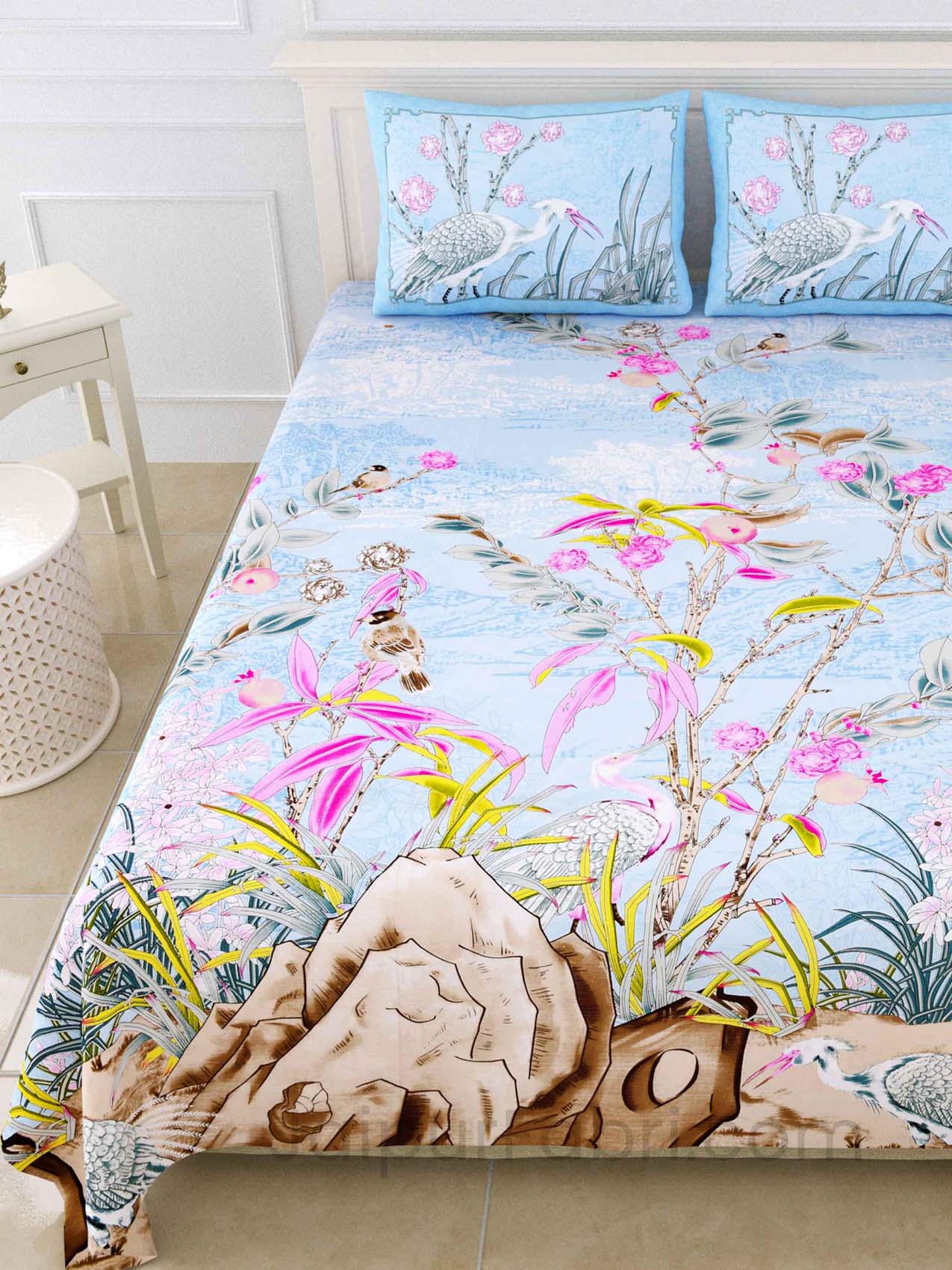 Deep Sea Blue Pink Digital Print Luxury Cotton King Size Bedsheet