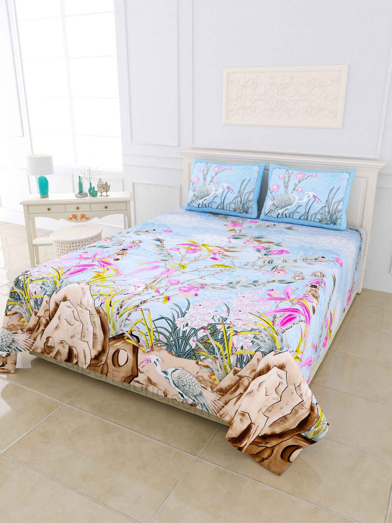 Deep Sea Blue Pink Digital Print Luxury Cotton King Size Bedsheet