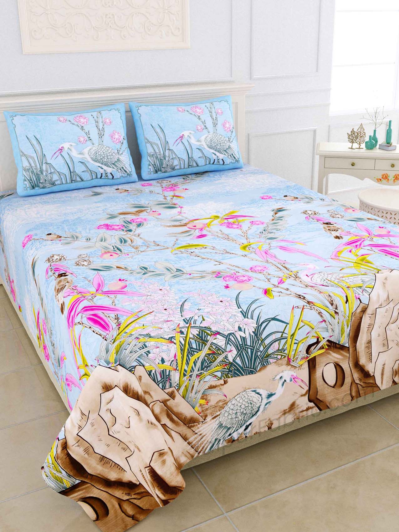 Deep Sea Blue Pink Digital Print Luxury Cotton King Size Bedsheet