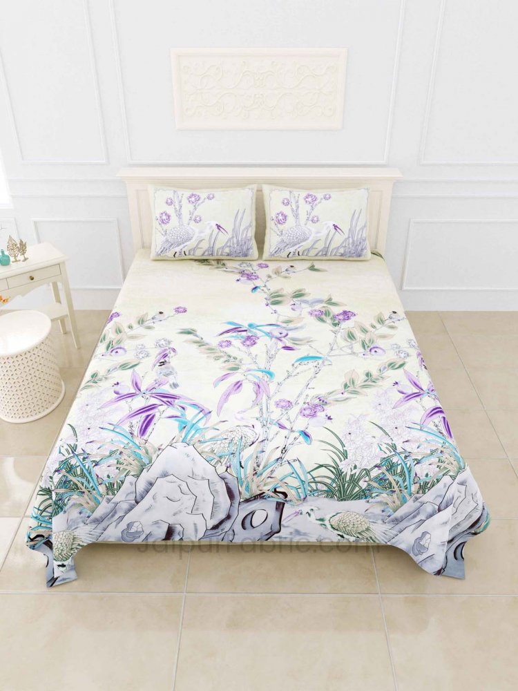 Deep Sea Cream Purple Digital Print Luxury Cotton King Size Bedsheet