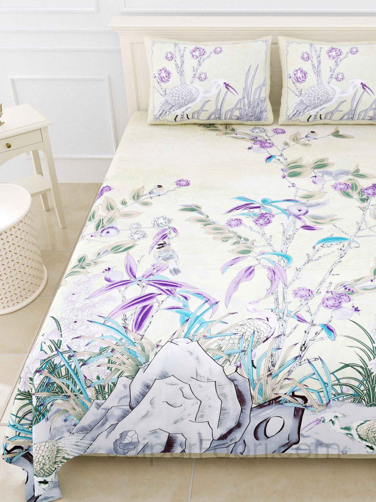 Deep Sea Cream Purple Digital Print Luxury Cotton King Size Bedsheet