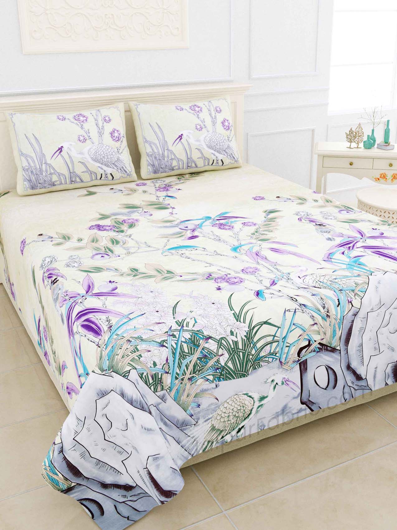 Deep Sea Cream Purple Digital Print Luxury Cotton King Size Bedsheet