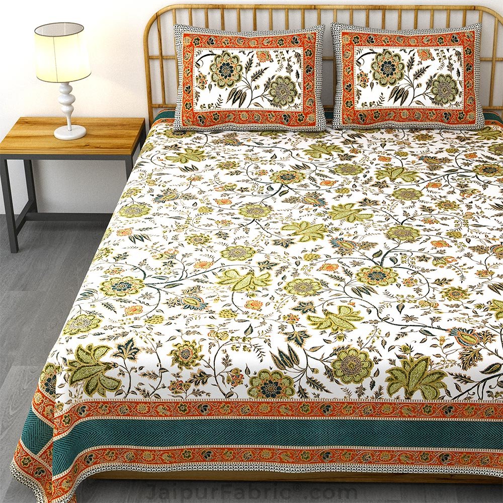 Exotic Floral Green Khari Gold King Size Bedsheet