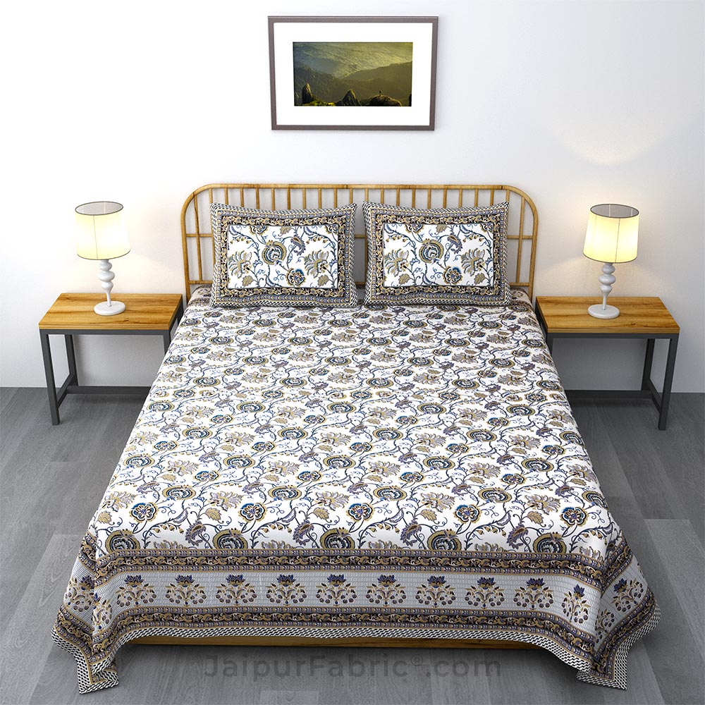 Floral Tales Blue Khari Gold King Size Bedsheet