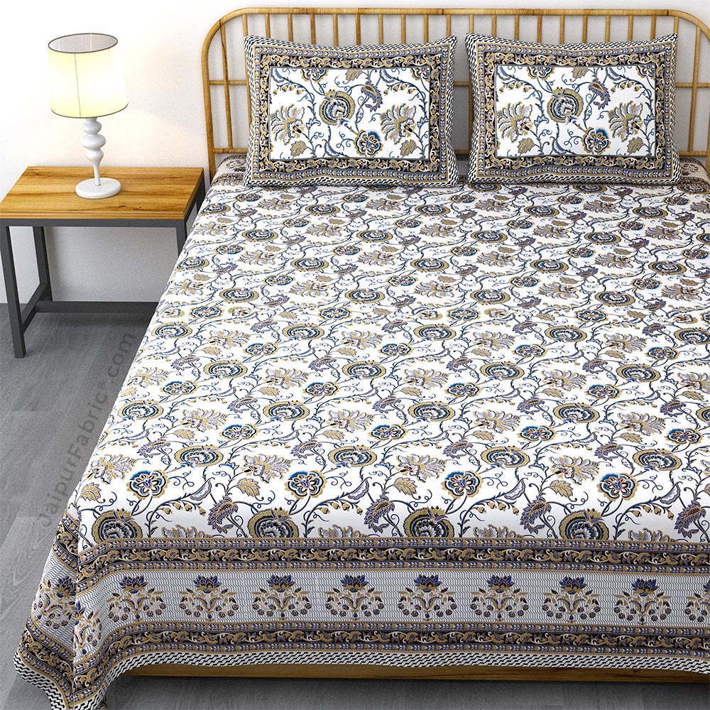 Floral Tales Blue Khari Gold King Size Bedsheet