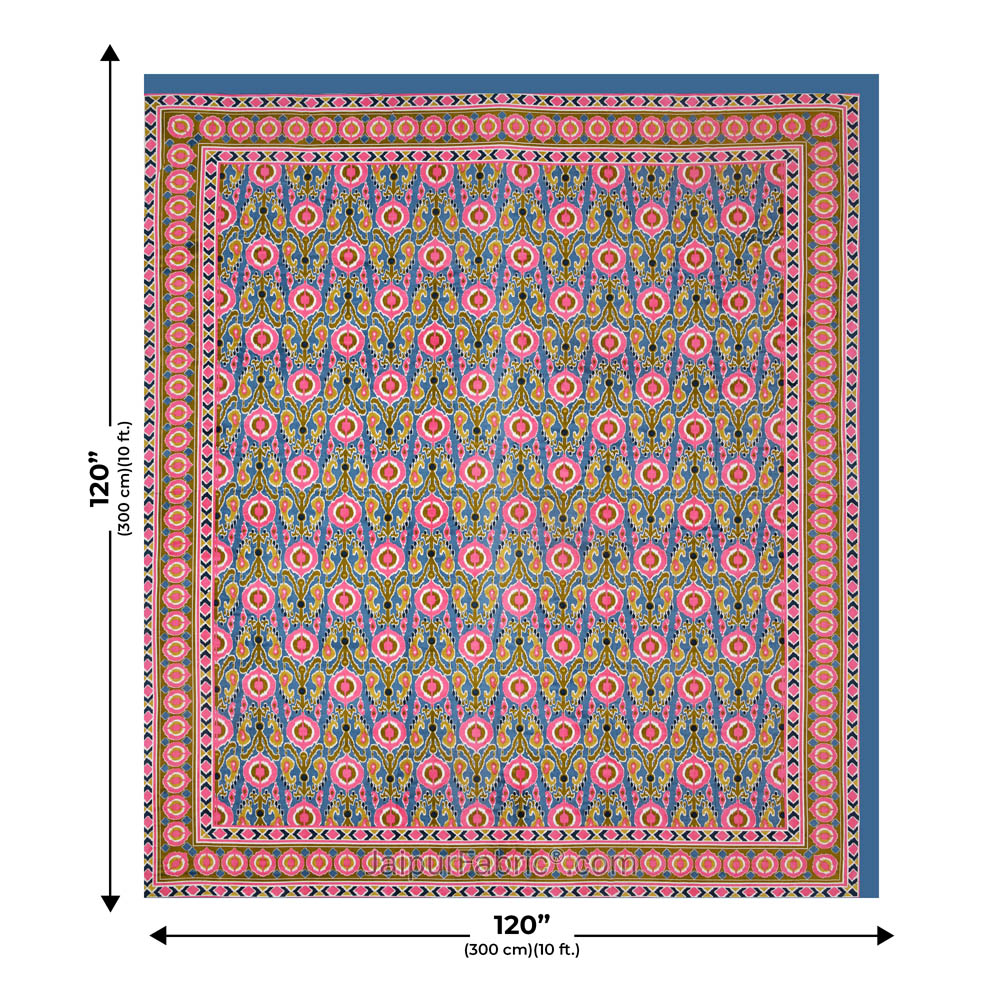 JaipurFabric® Lush Pink Blue Ikat Super King Size 10 Feet Wide Premium Cotton Bed Sheet