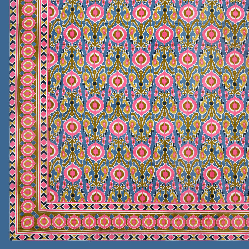 JaipurFabric® Lush Pink Blue Ikat Super King Size 10 Feet Wide Premium Cotton Bed Sheet