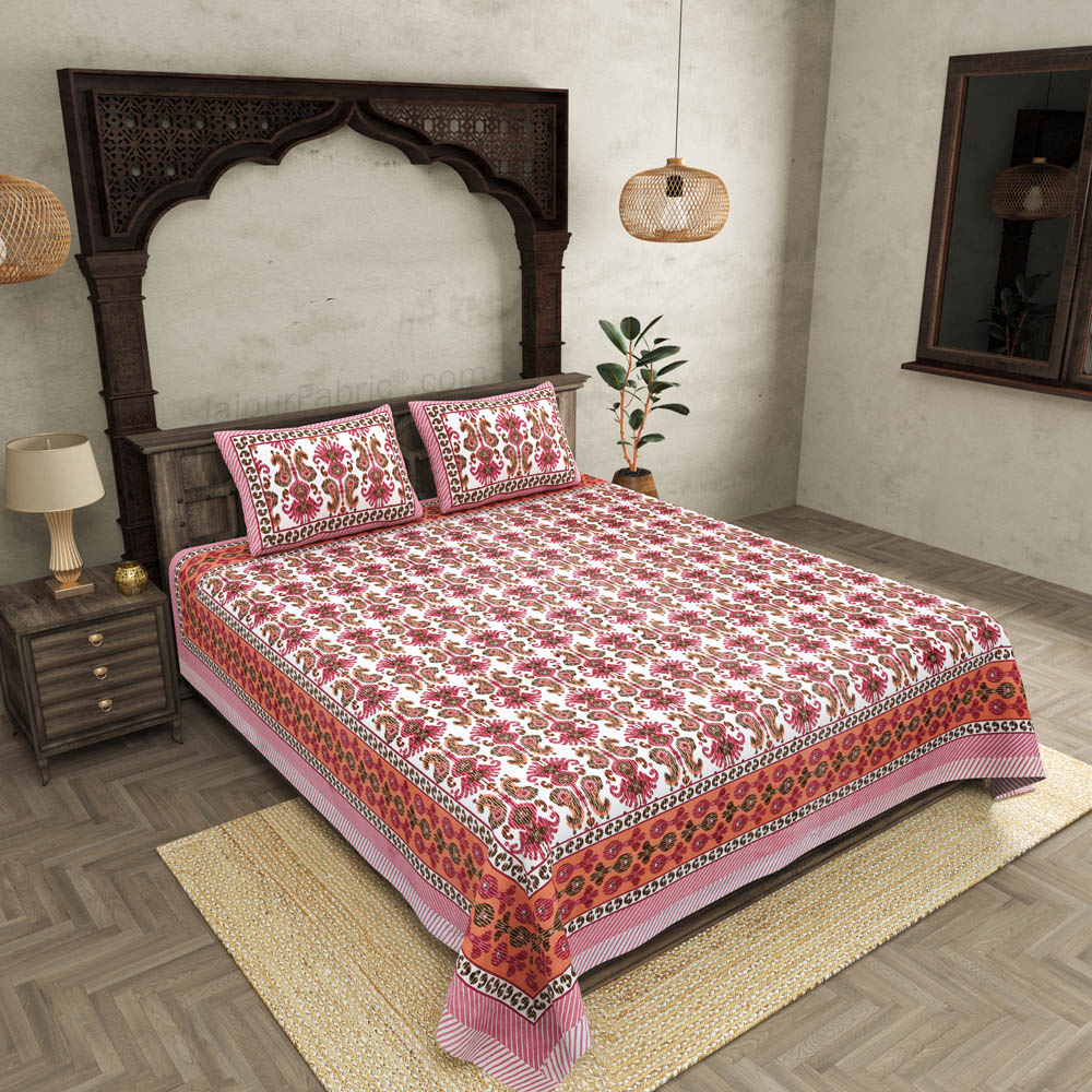 JaipurFabric® Ikat Pink Super King Size 10 Feet Wide Premium Cotton Bed Sheet