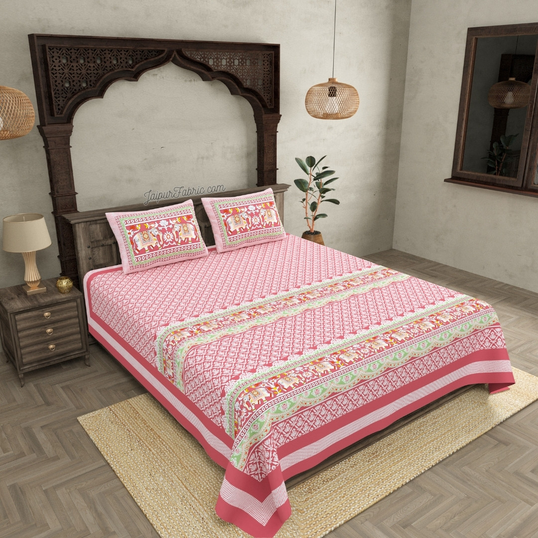 Blush Pink Super King Size 10 Feet Wide Bedsheet with Adorable Elephant Print