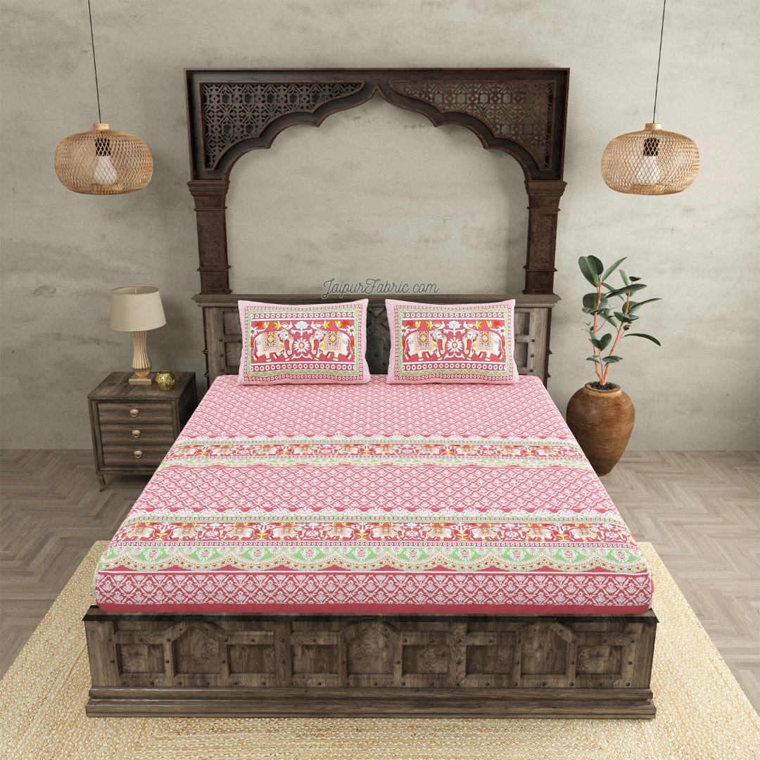 Blush Pink Super King Size 10 Feet Wide Bedsheet with Adorable Elephant Print