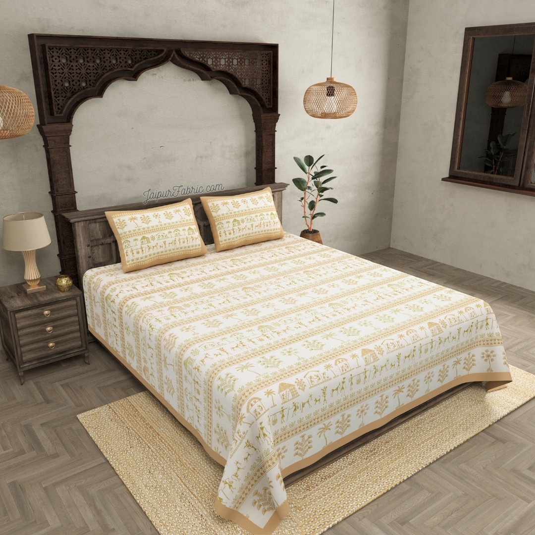 JaipurFabric® Urban Tribals Sand Brown Super King Size 10 Feet Wide Premium Cotton Bed Sheet