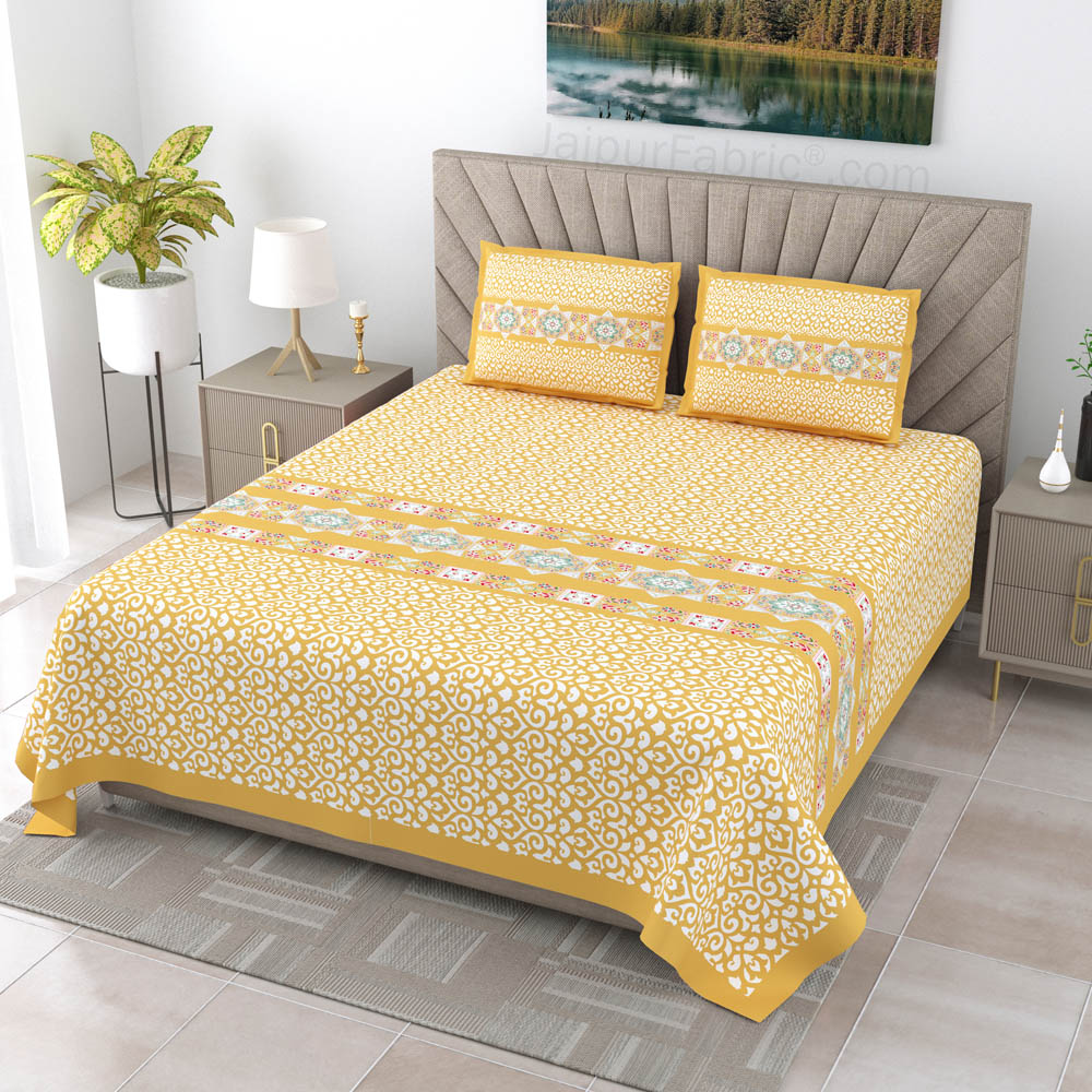 Yellow Ethnic Pure Cotton King Size Double BedSheet