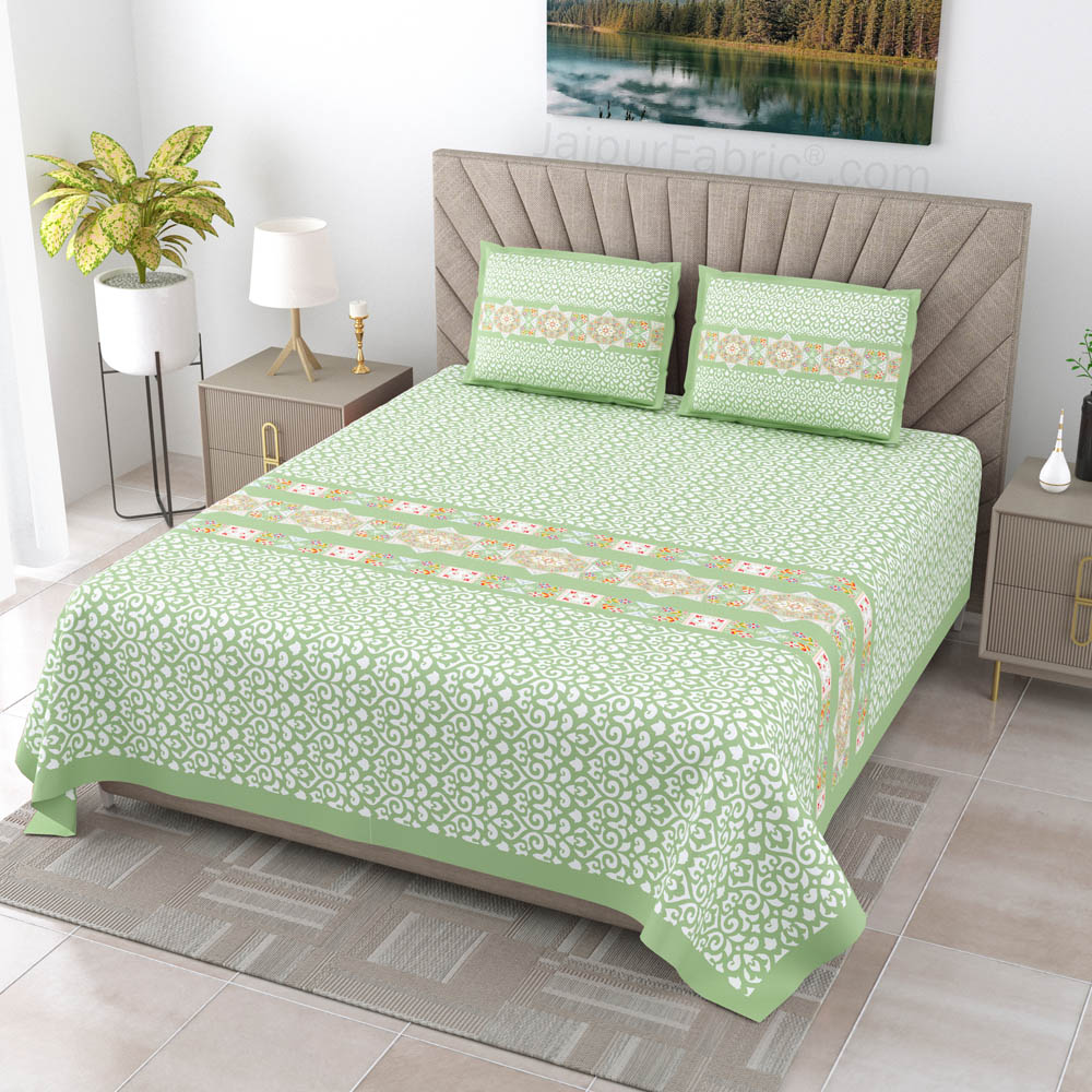 Green Ethnic Pure Cotton King Size Double BedSheet