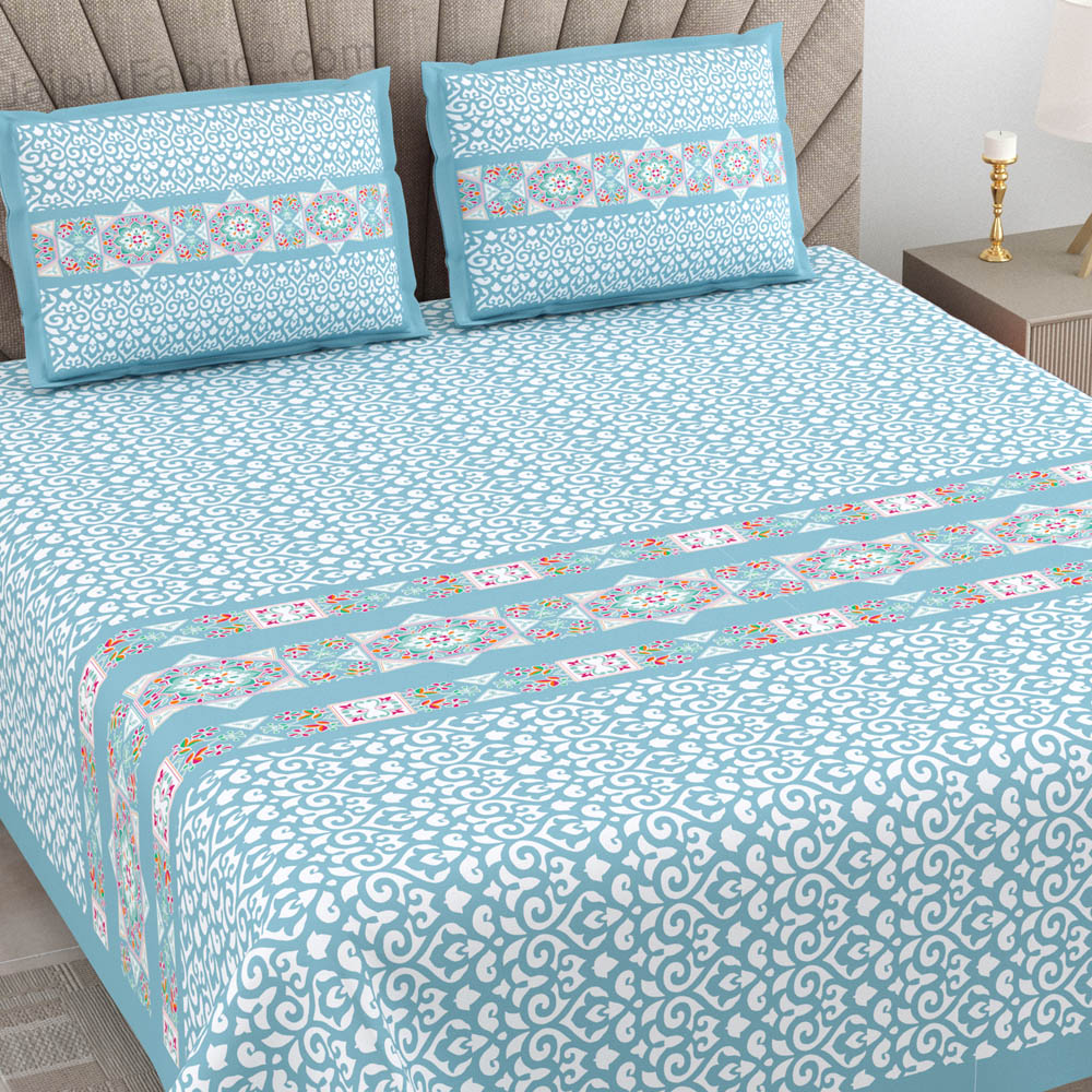 Blue Ethnic Pure Cotton King Size Double BedSheet