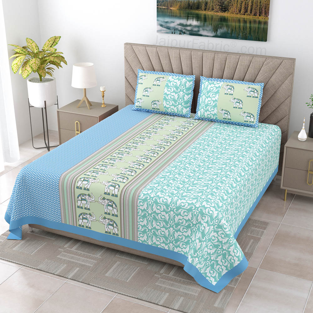 Sea Greenish Blue Traditional Floral Pure Cotton King Size Double BedSheet