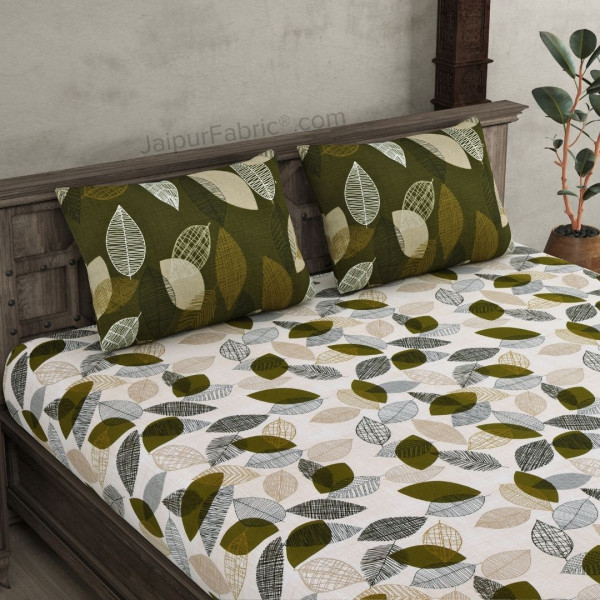 Autumn Fall Off White Green Cotton King Size Bedsheet